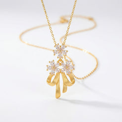 Elegant floral bowknot pendant necklace with cubic zirconia
