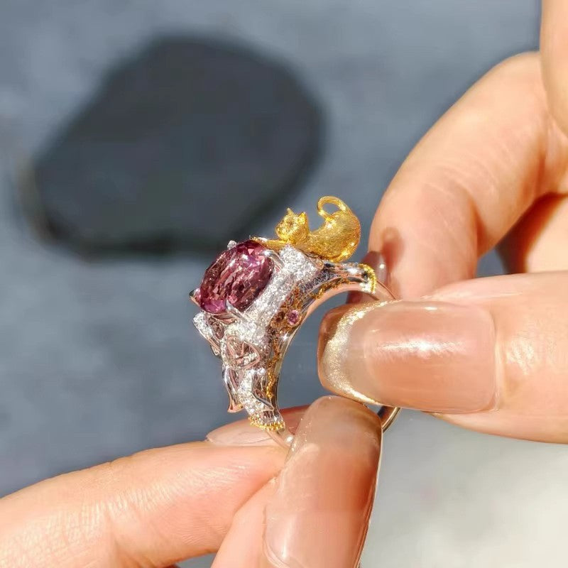 The Guardian’s Jewel | Artisan Sculpted Cat & Pink Gemstone Statement Ring