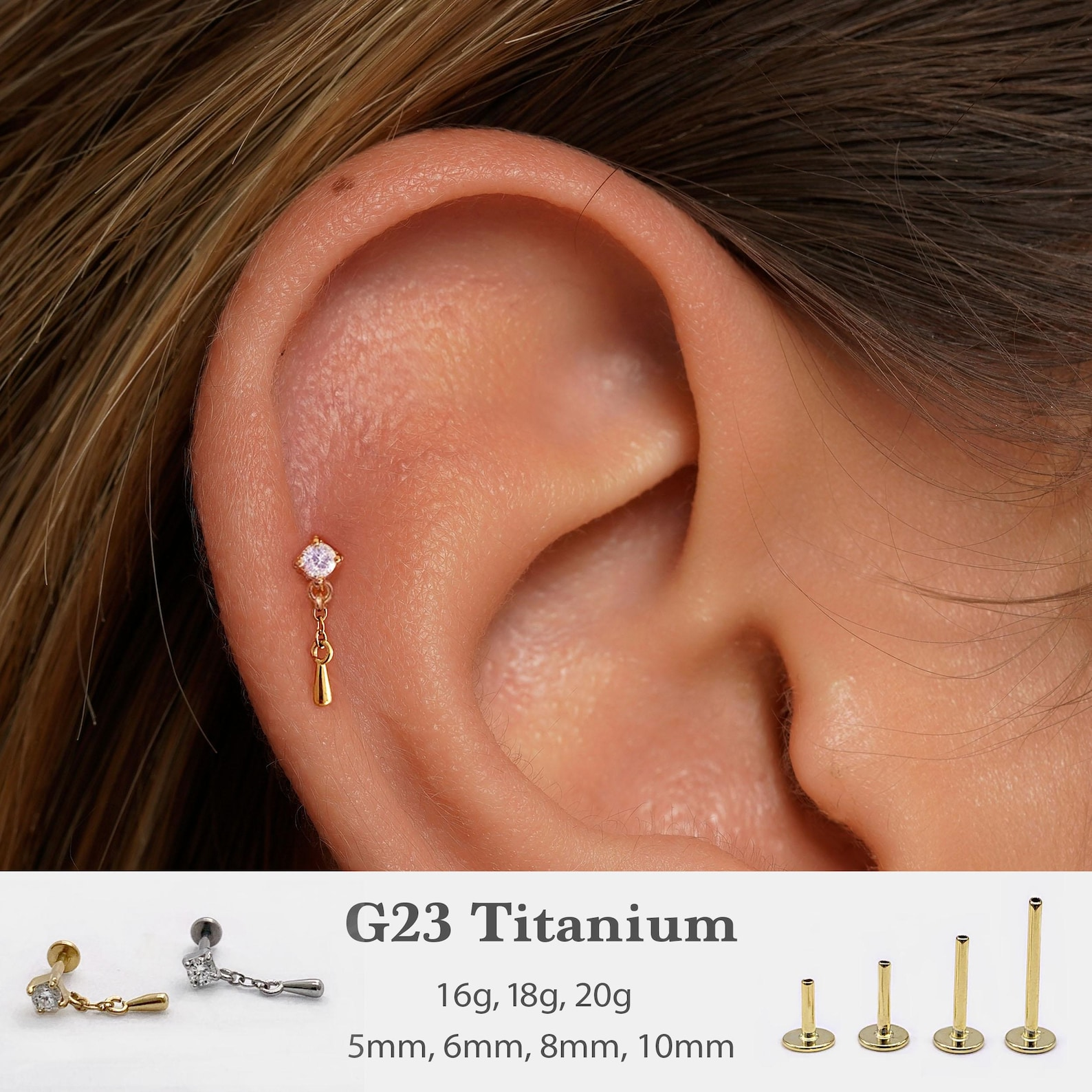 CZ Dangle Push Pin Labret Flat Back Earring
