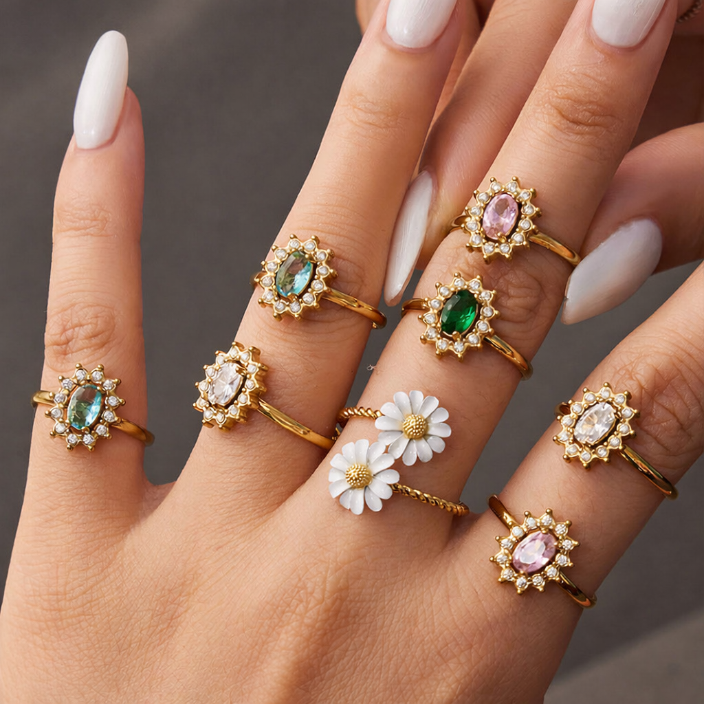 Stainless Steel Stained Glass Flower Open Ring