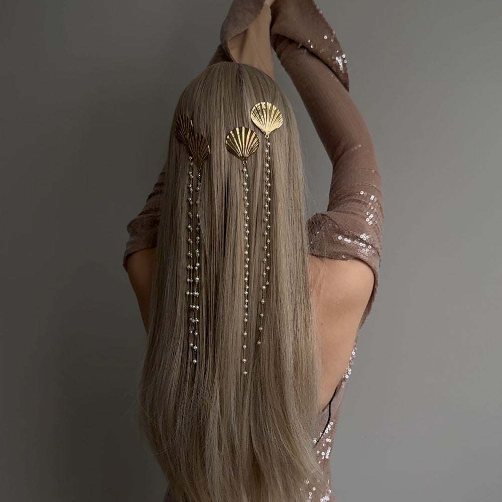 Ocean Siren | Gold Seashell & Pearl Tassel Hair Clip