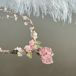 Hand-sculpted flower rose quartz pendant macramé necklace