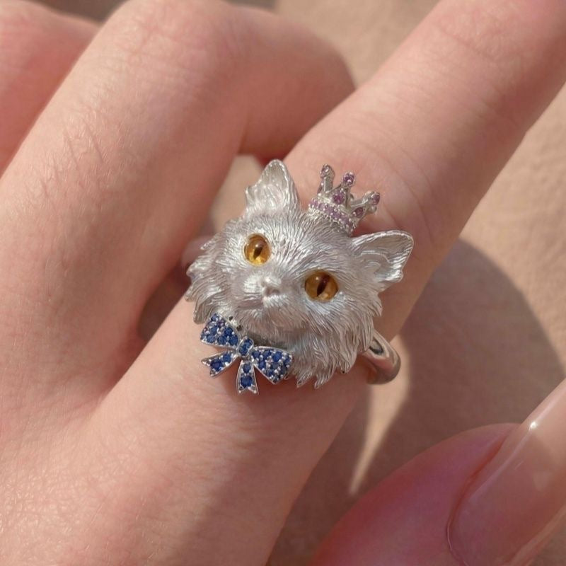 The Royal Feline | Crowned Cat with Sapphire Bow Ring