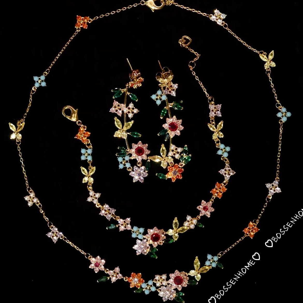 Garden Radiance | 3-Piece Colorful Floral Jewelry Set – Necklace, Bracelet & Earrings