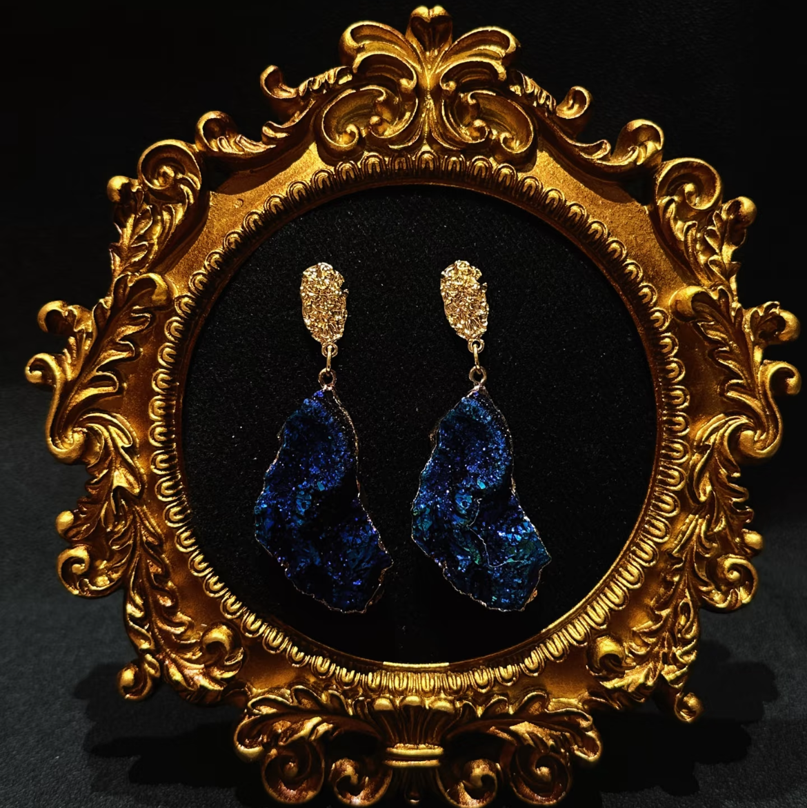 Statement jewelry blue geode earrings pierced and clip-on style