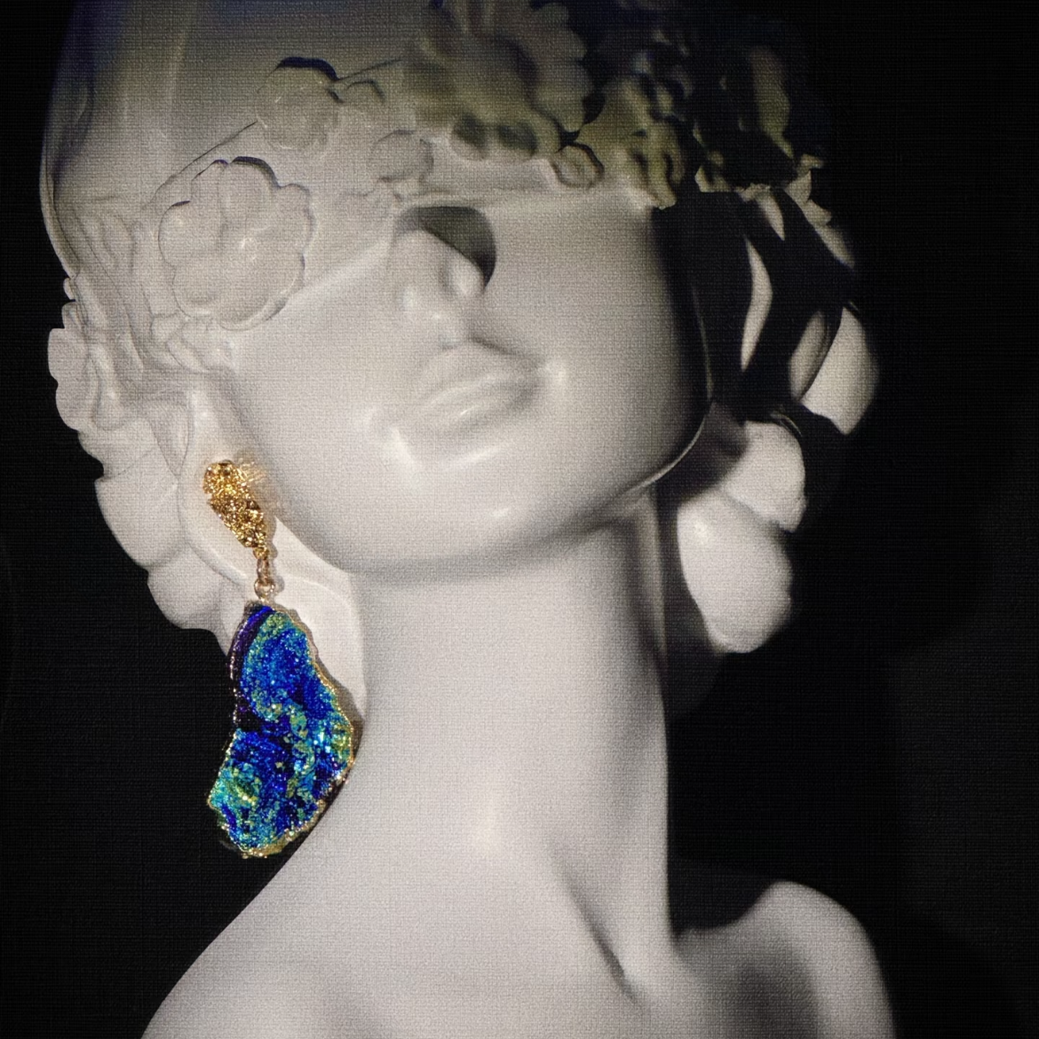 Liquidò Mare iridescent blue geode statement earrings gold texture