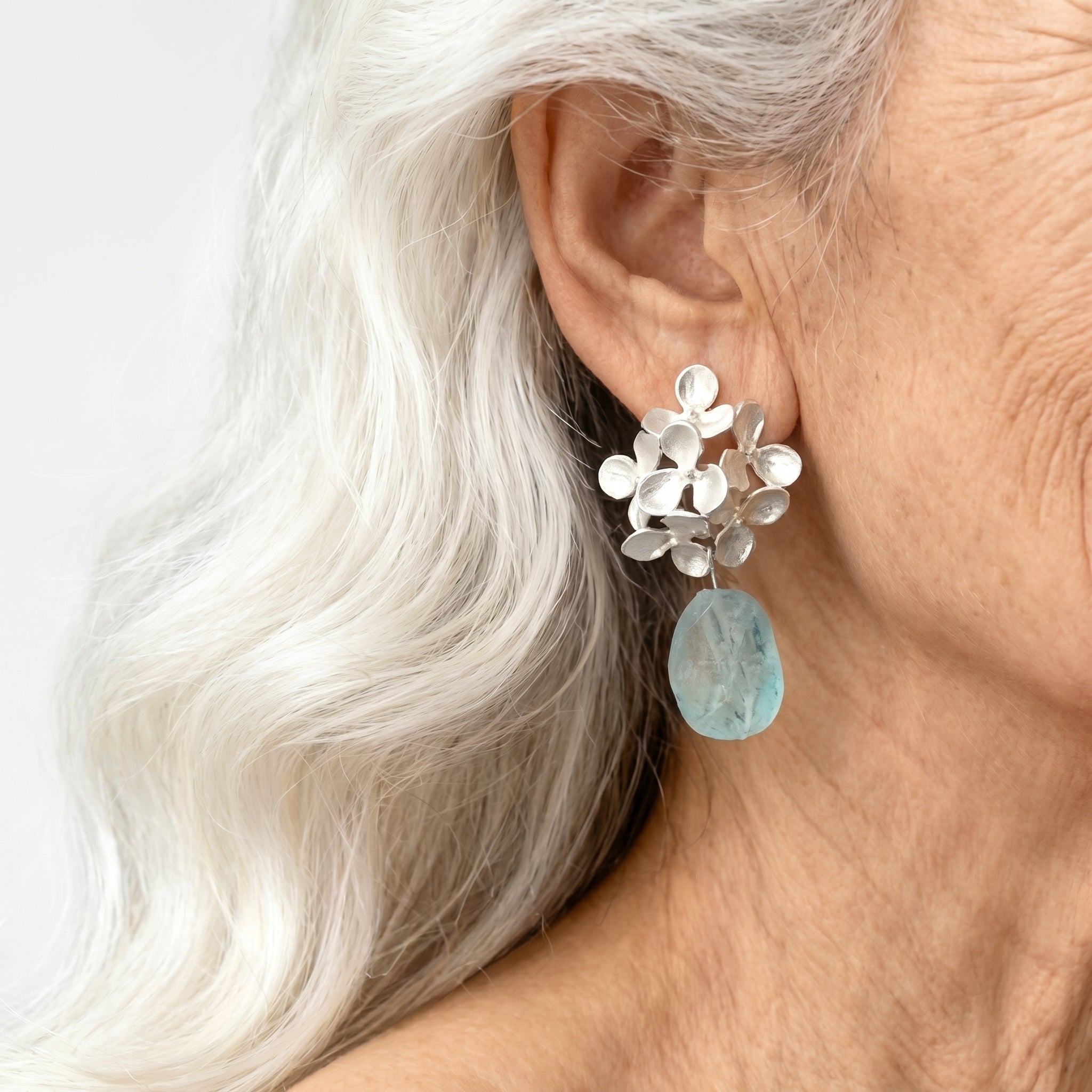 Botanical Serenity | Hand-Sculpted Floral Cluster & Raw Gemstone Dangle Earrings