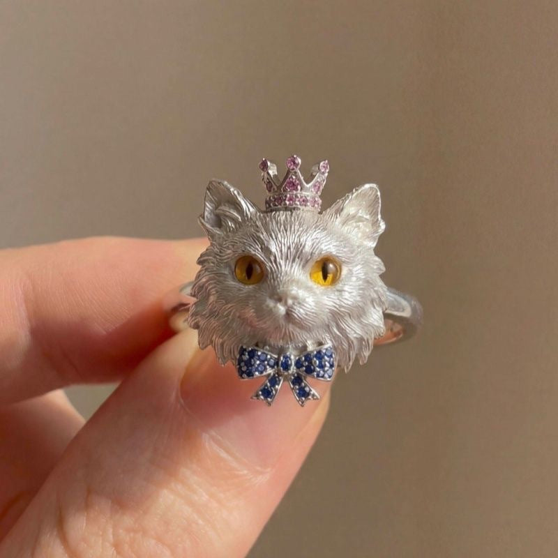 The Royal Feline | Crowned Cat with Sapphire Bow Ring