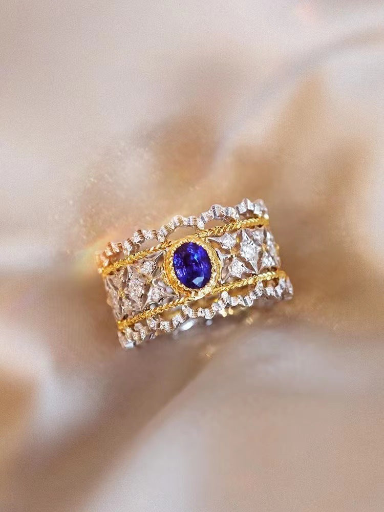 Royal Heirloom | Vintage-Inspired Two-Tone Filigree Statement Ring with Sapphire-Tone Center