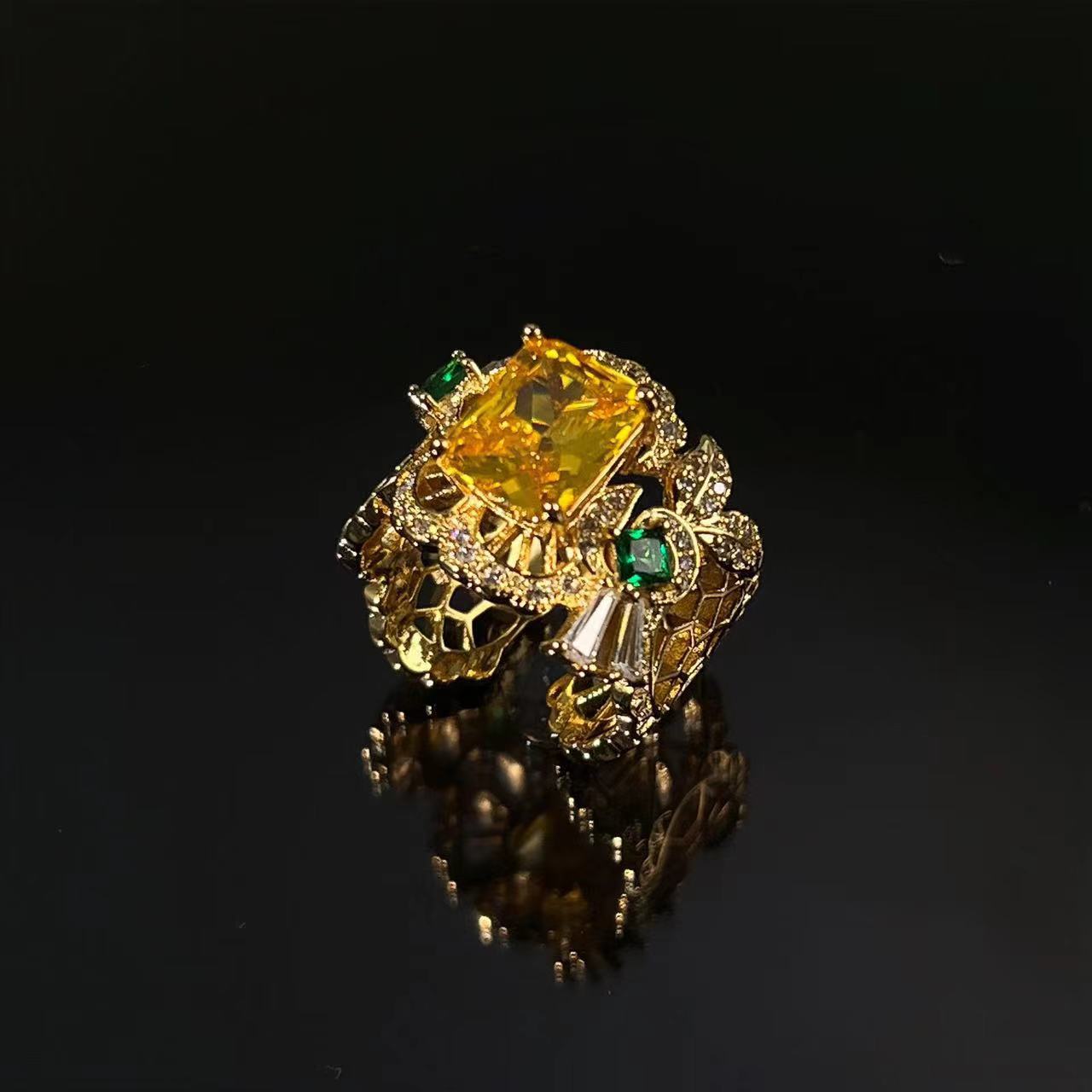 Golden Epoch | Radiant Citrine & Emerald Art Deco Statement Ring