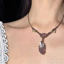 Purple Snow Mountain raw amethyst necklace worn by model boho wizard style