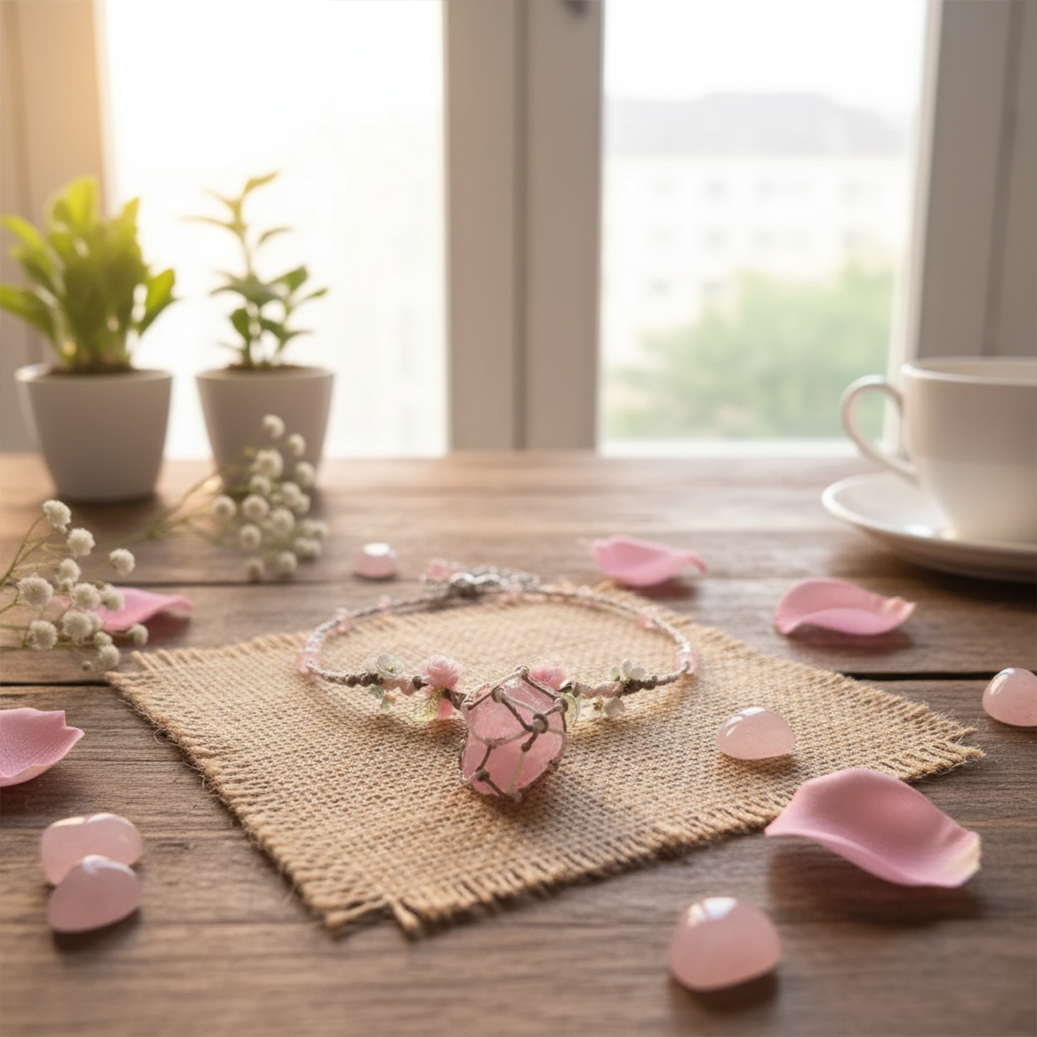 Whimsical pink rose quartz crystal necklace for cottagecore style