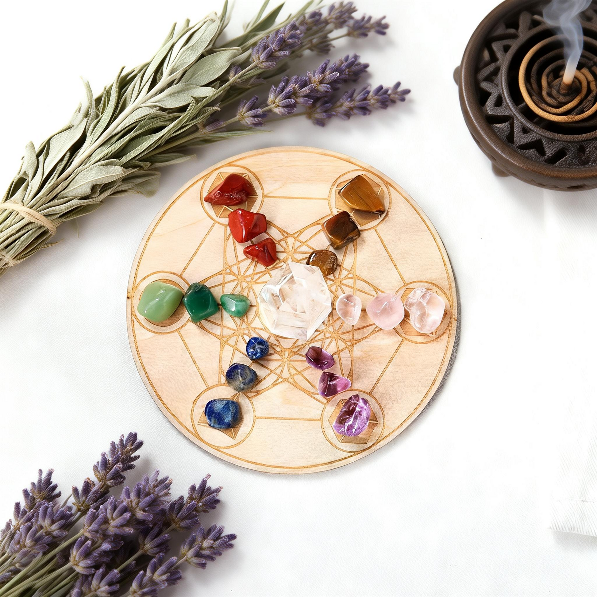 natural healing stones on wooden sacred geometry grid