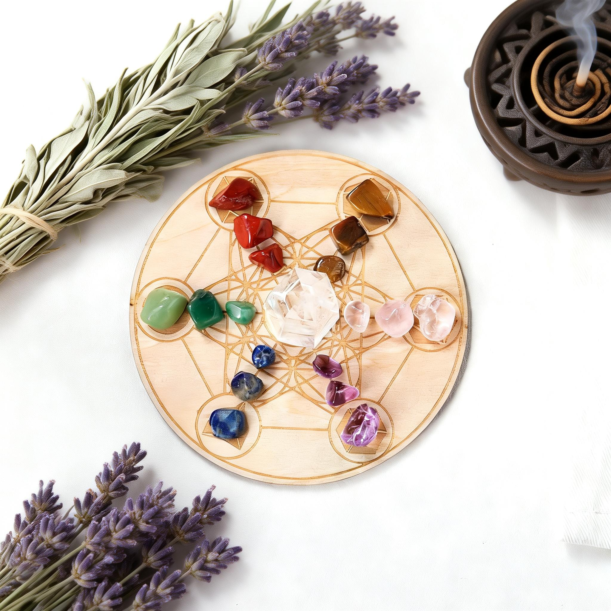 natural healing stones on wooden sacred geometry grid