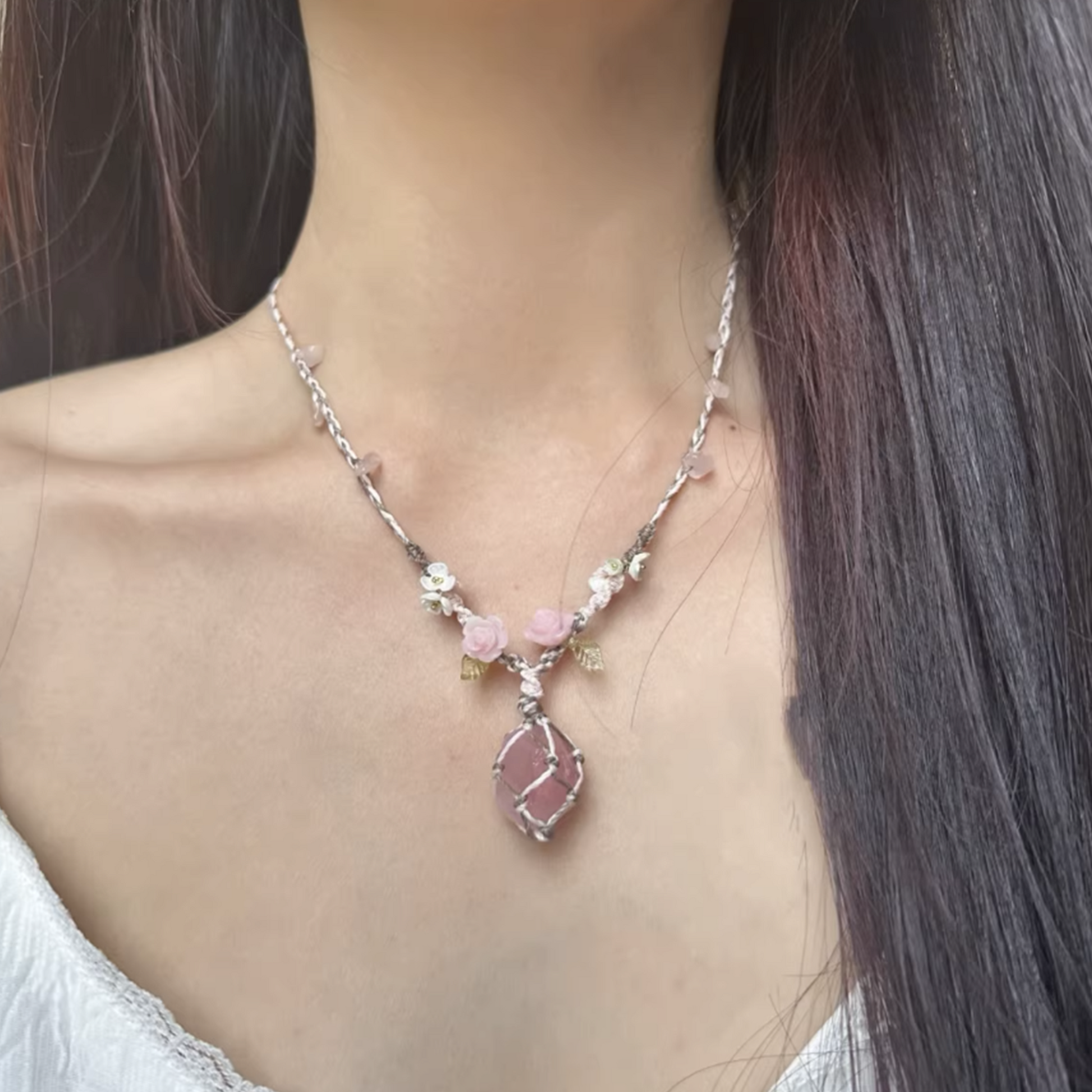Rose quartz fairycore necklace with floral charms boho aesthetic