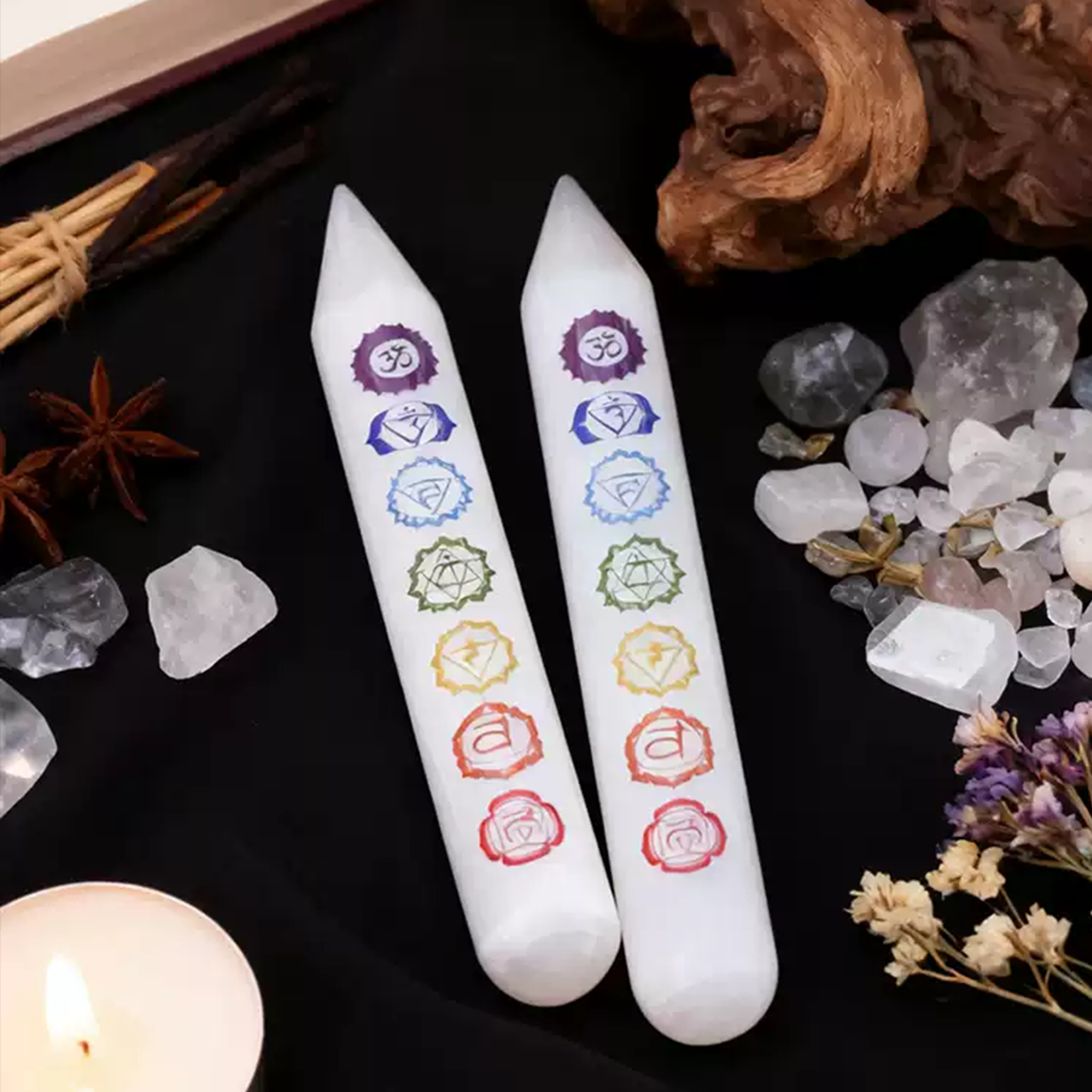 The Energy Tuner | 7 Chakra Selenite Charging Wand – Reiki-Charged Meditation & Healing Stick