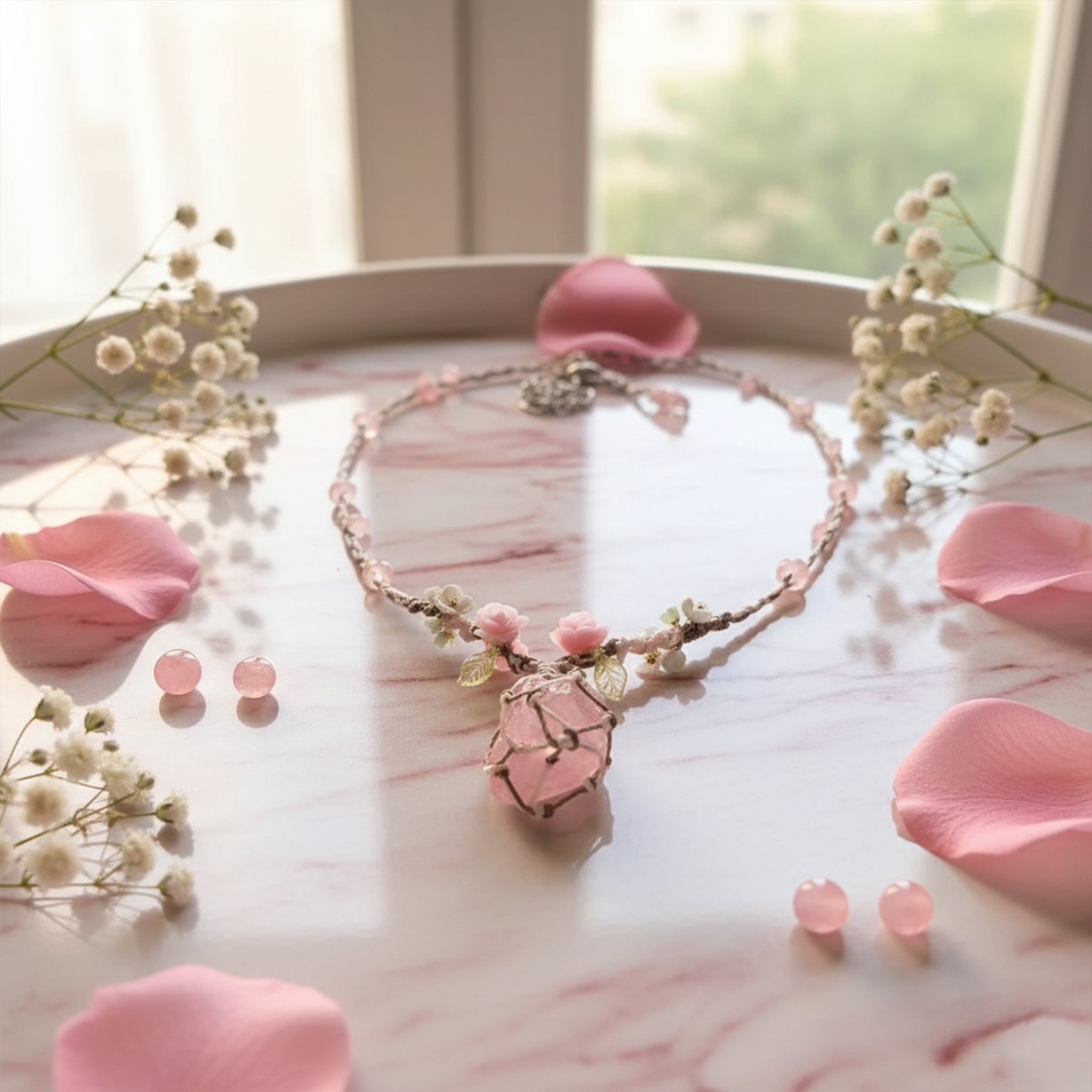 Whimsical pink rose quartz crystal necklace for cottagecore style