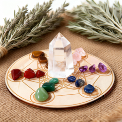 Crystal grid with various crystals and a crystal tower on a wooden surface with herbs in the background.