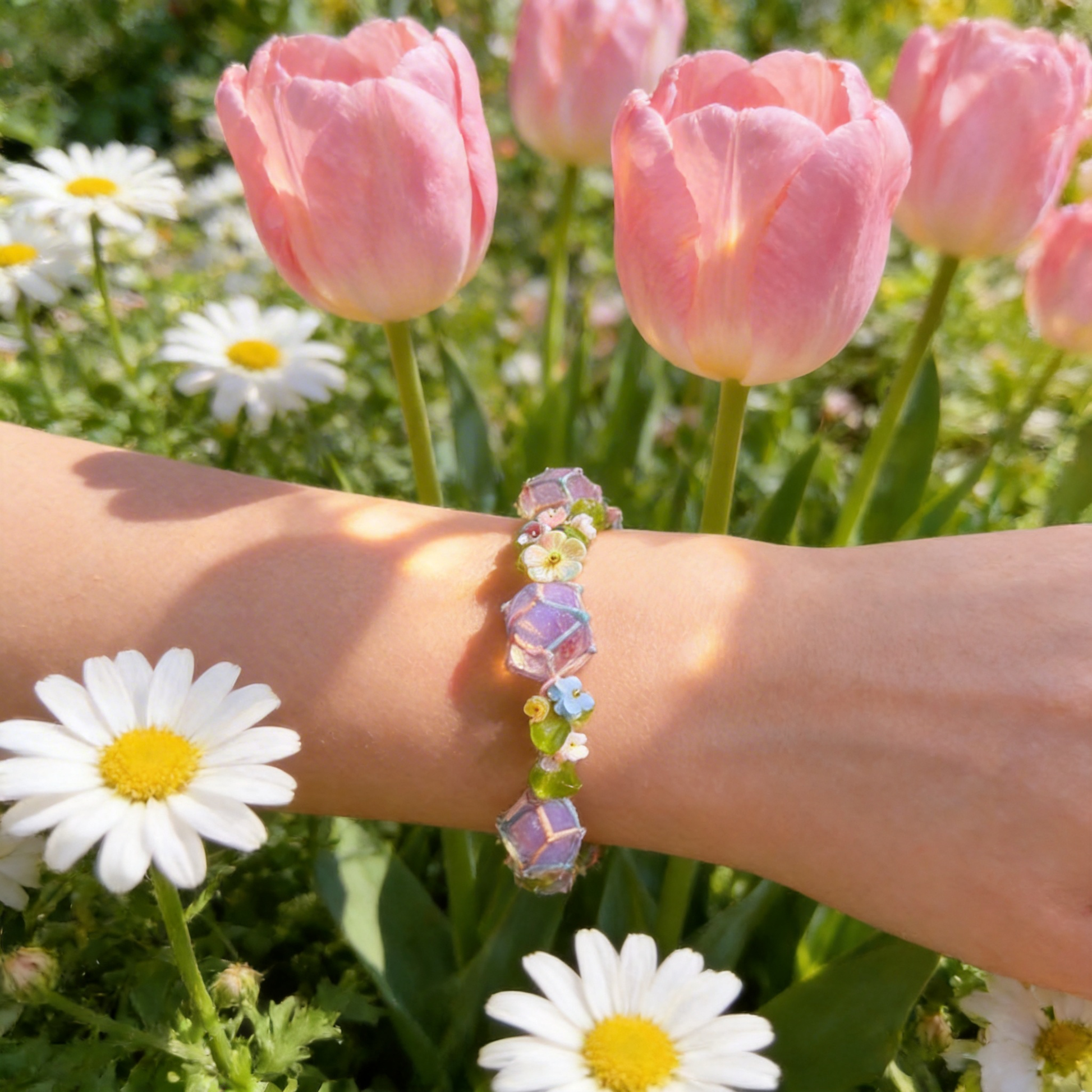 Adjustable cottagecore crystal bracelet on wrist with sunlight aesthetic