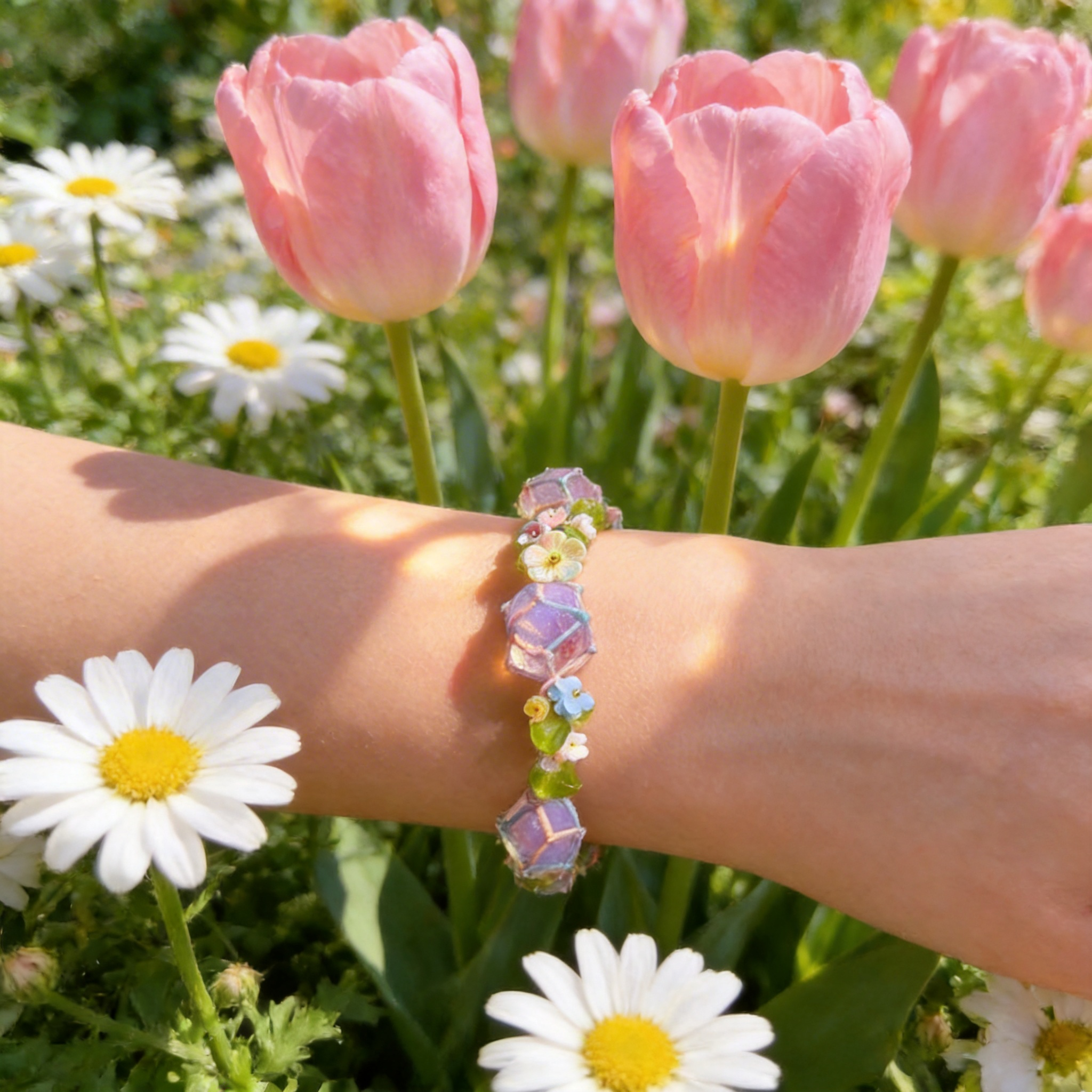 Adjustable cottagecore crystal bracelet on wrist with sunlight aesthetic