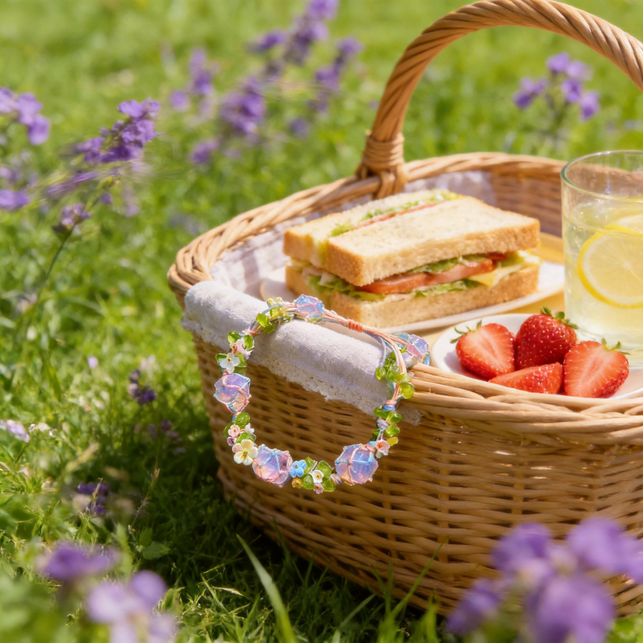 Close-up of artisan hand-sculpted floral beads and pastel raw crystals