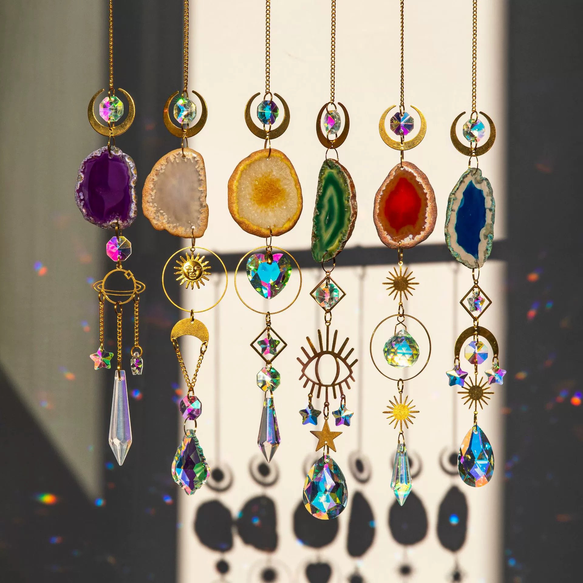 Celestial Harmony | Agate Suncatcher with Crystal Prisms & Sun/Moon Celestial Charms