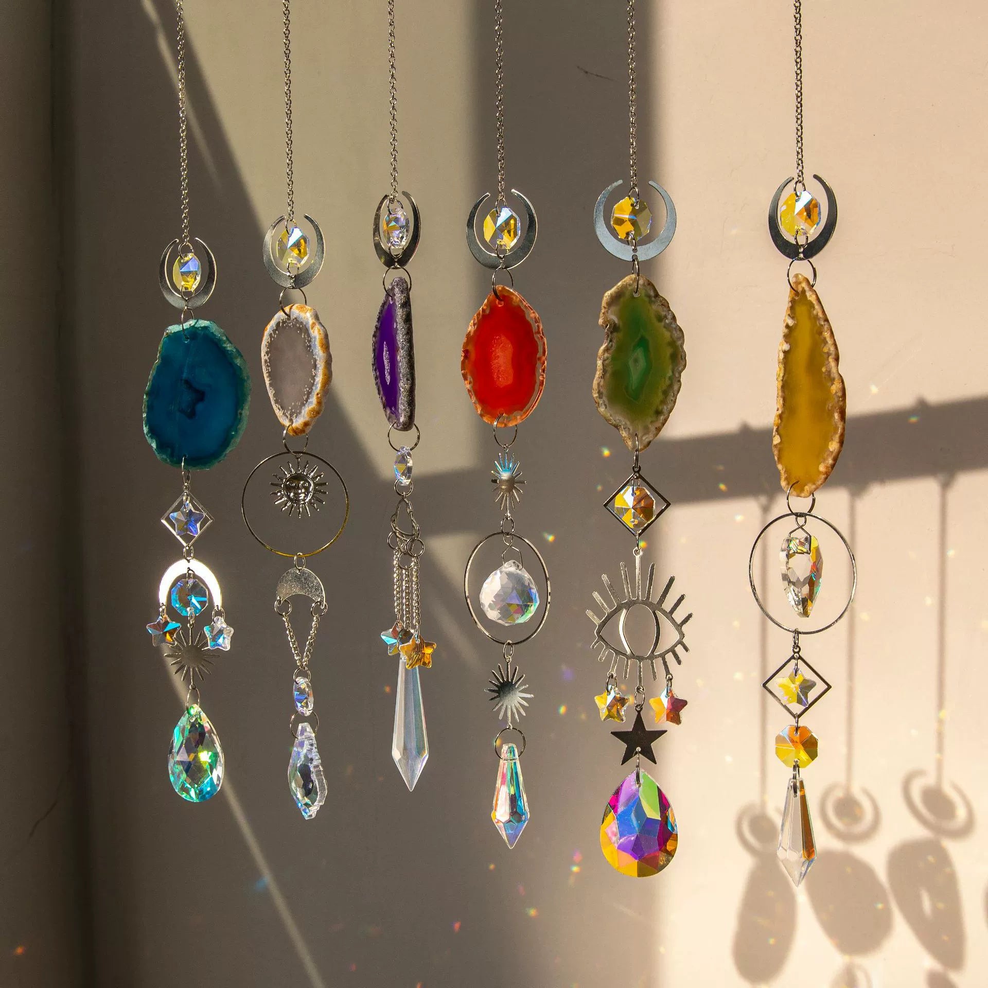 Celestial Harmony | Agate Suncatcher with Crystal Prisms & Sun/Moon Celestial Charms