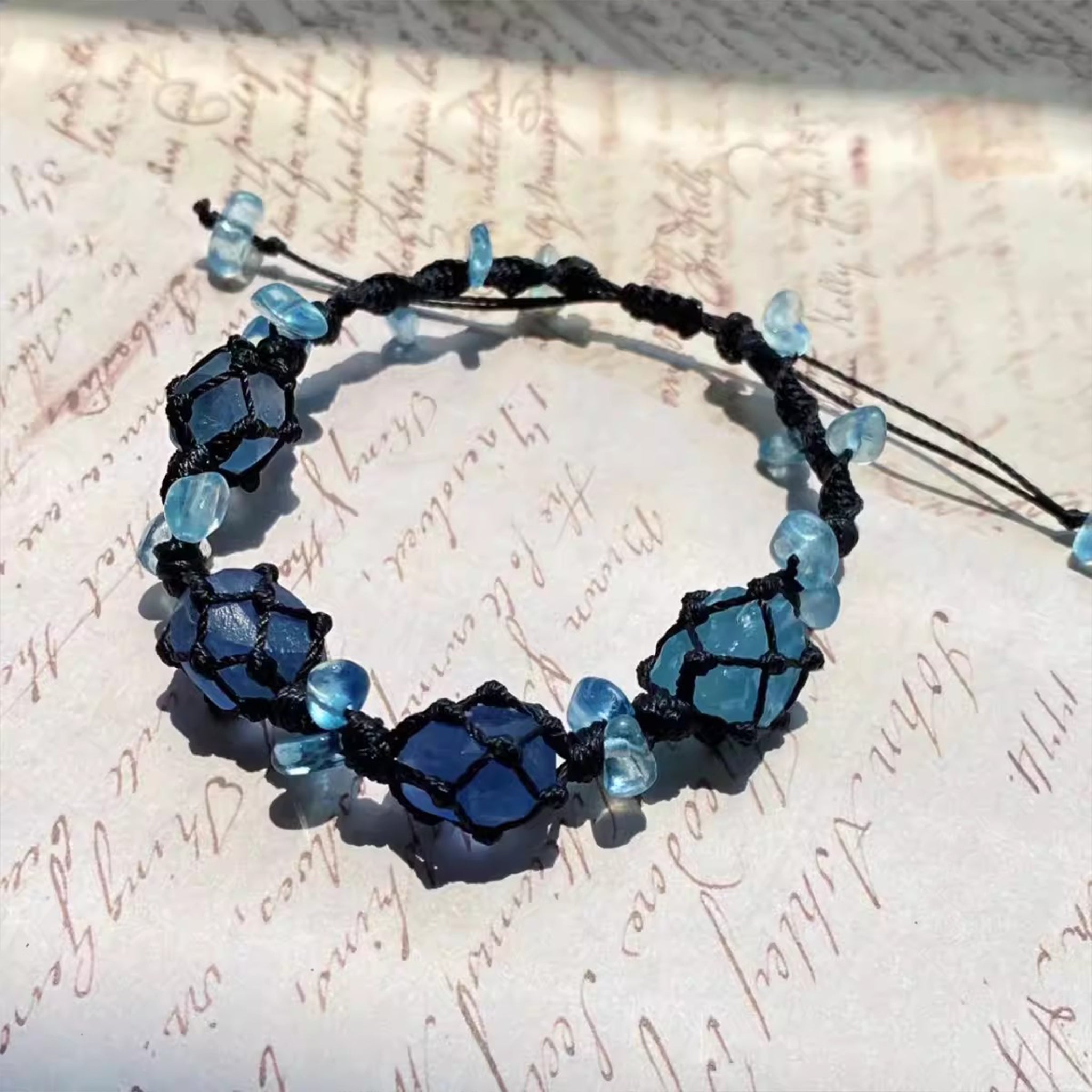 Deep Sea handmade macramé crystal bracelet for throat chakra healing