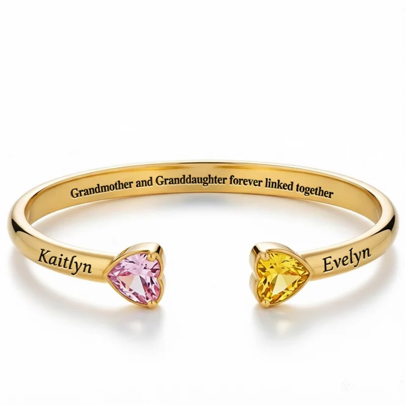 GRANDMOTHER AND GRANDDAUGHTER DOUBLE HEART CUSTOM BIRTHSTONE&NAME BRACELET