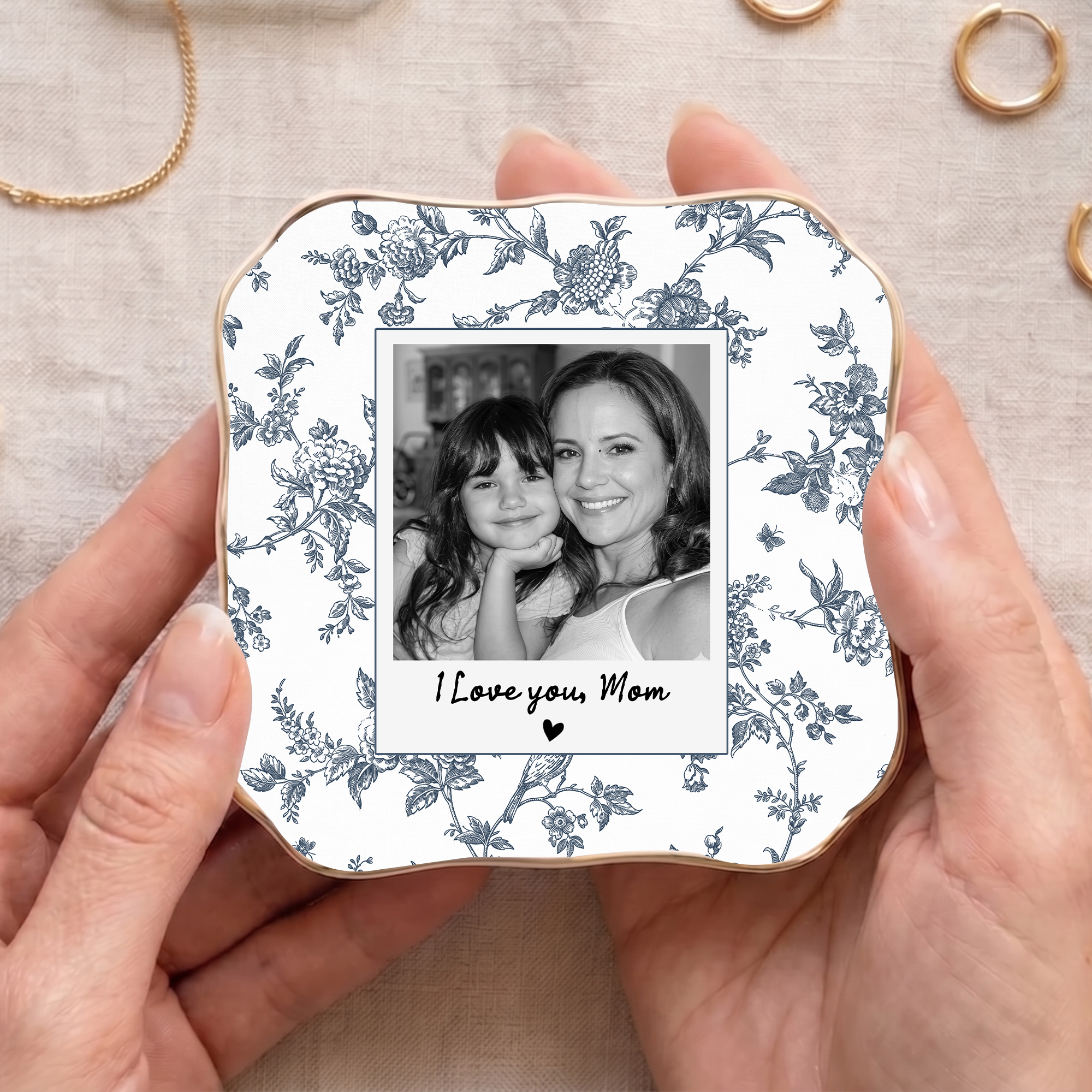 Personalized Photo Trinket Tray - Toile De Jouy Ceramic Jewelry Dish, Custom Picture Ring Holder Gift for Mom or Grandma, Mother’s Day Gift for Mom - Personalized Photo Ceramic Trinket Tray