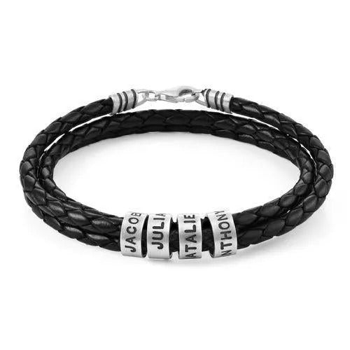 Father's Day Gift Men Braided Leather Bracelet with Small Custom Beads