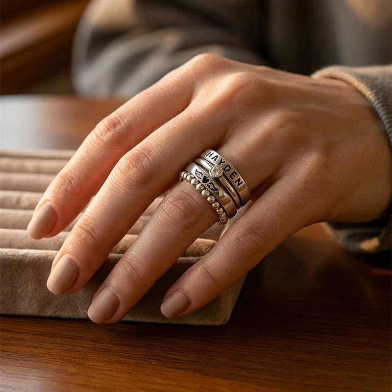 FOR MEMORIAL- ANGEL WINGS CUSTOM BIRTHSTONE&NAME STACKED RING