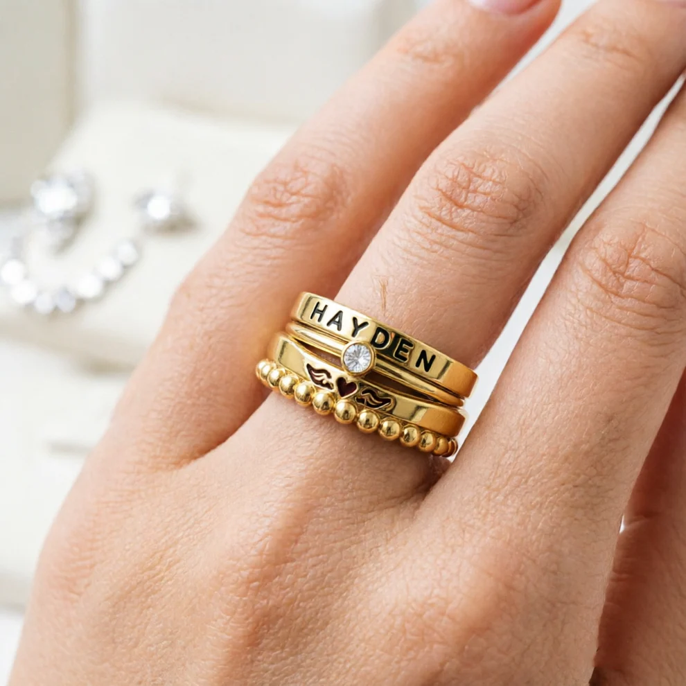 FOR MEMORIAL- ANGEL WINGS CUSTOM BIRTHSTONE&NAME STACKED RING
